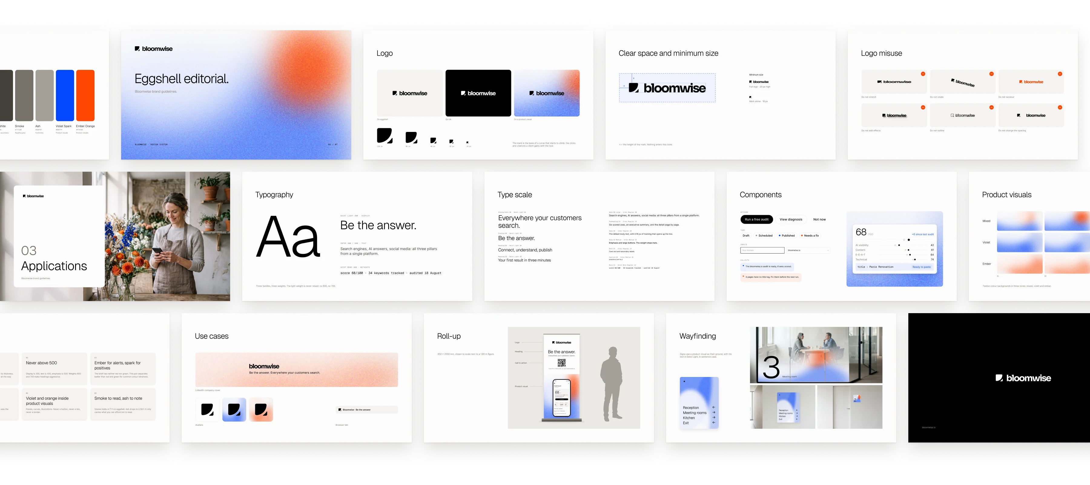 The guidelines: logo, clear space, misuse, colours, typefaces, type scale, components, rules, use cases, section divider, roll-up and wayfinding. The logo draws the base of a curve that starts to climb, the clicks and citations a client gains with the tool.