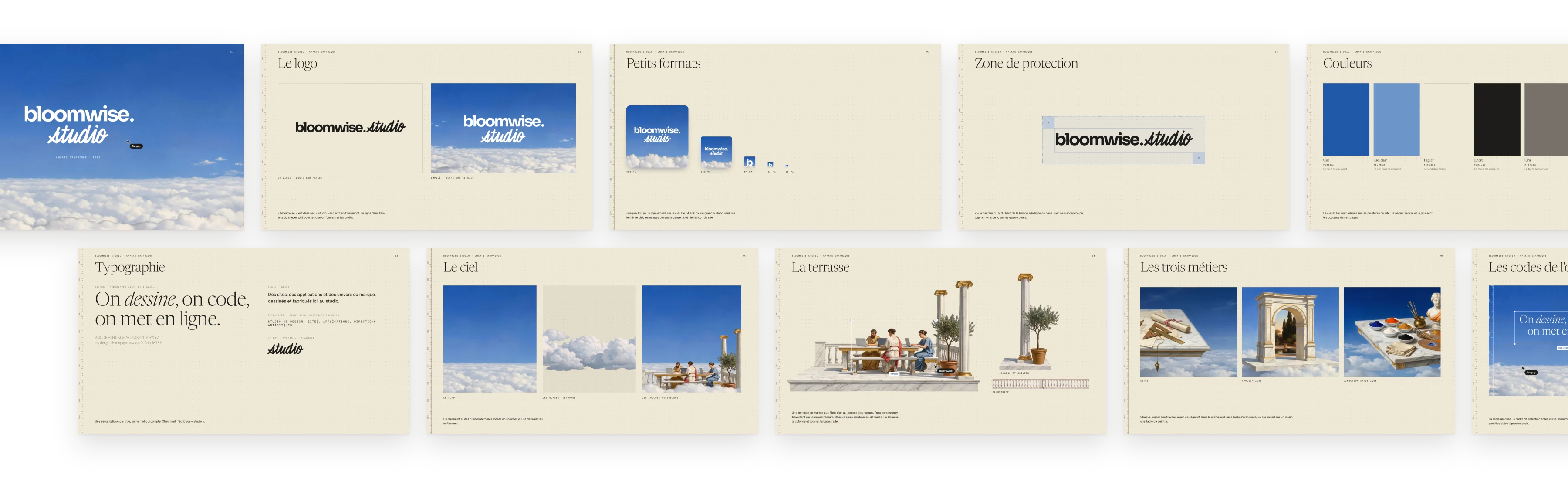La charte de Bloomwise Studio : couverture, logo, petits formats, zone de protection, couleurs, typographie, le ciel, la terrasse, les trois métiers, les codes de l'outil.