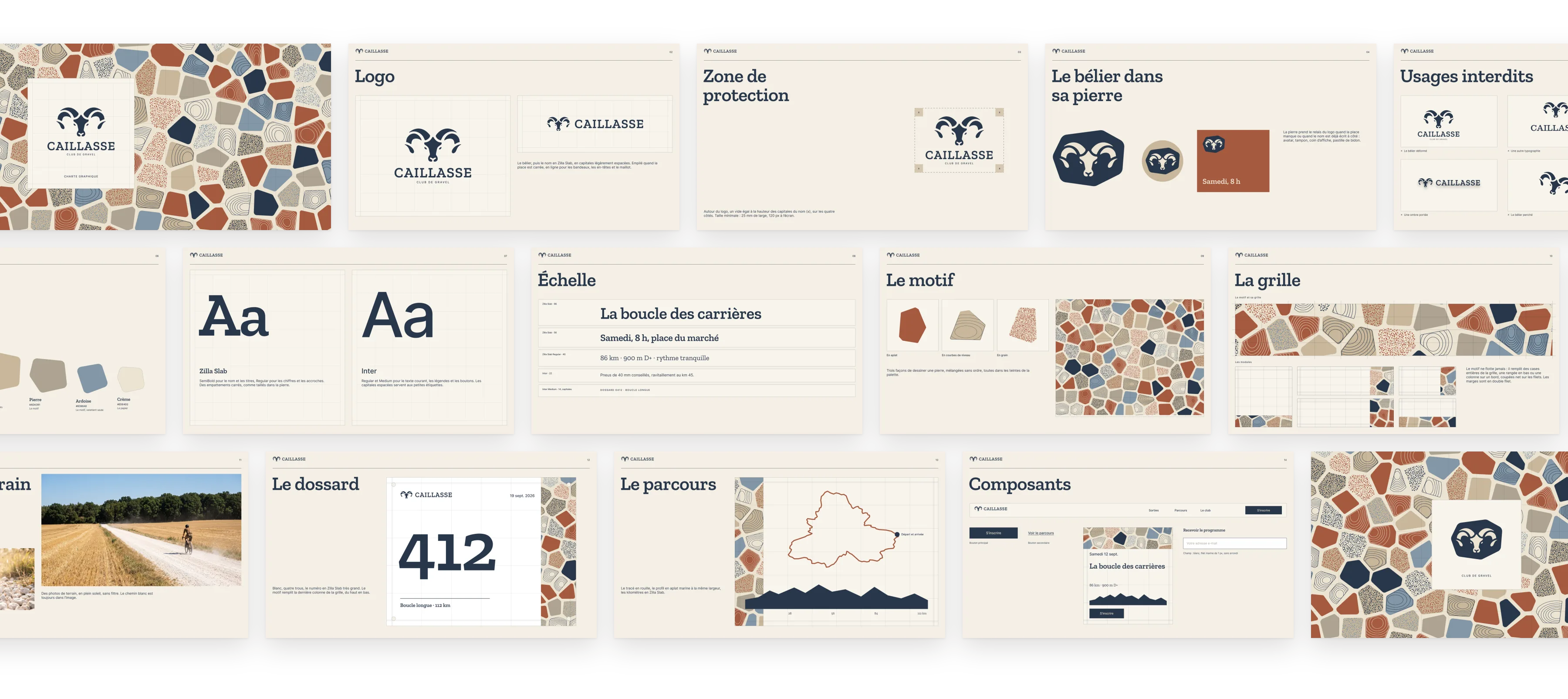 La charte de Caillasse : logo, zone de protection, la pierre, usages interdits, couleurs, typographie, échelle, motif, grille, photographie, dossard, parcours et composants.