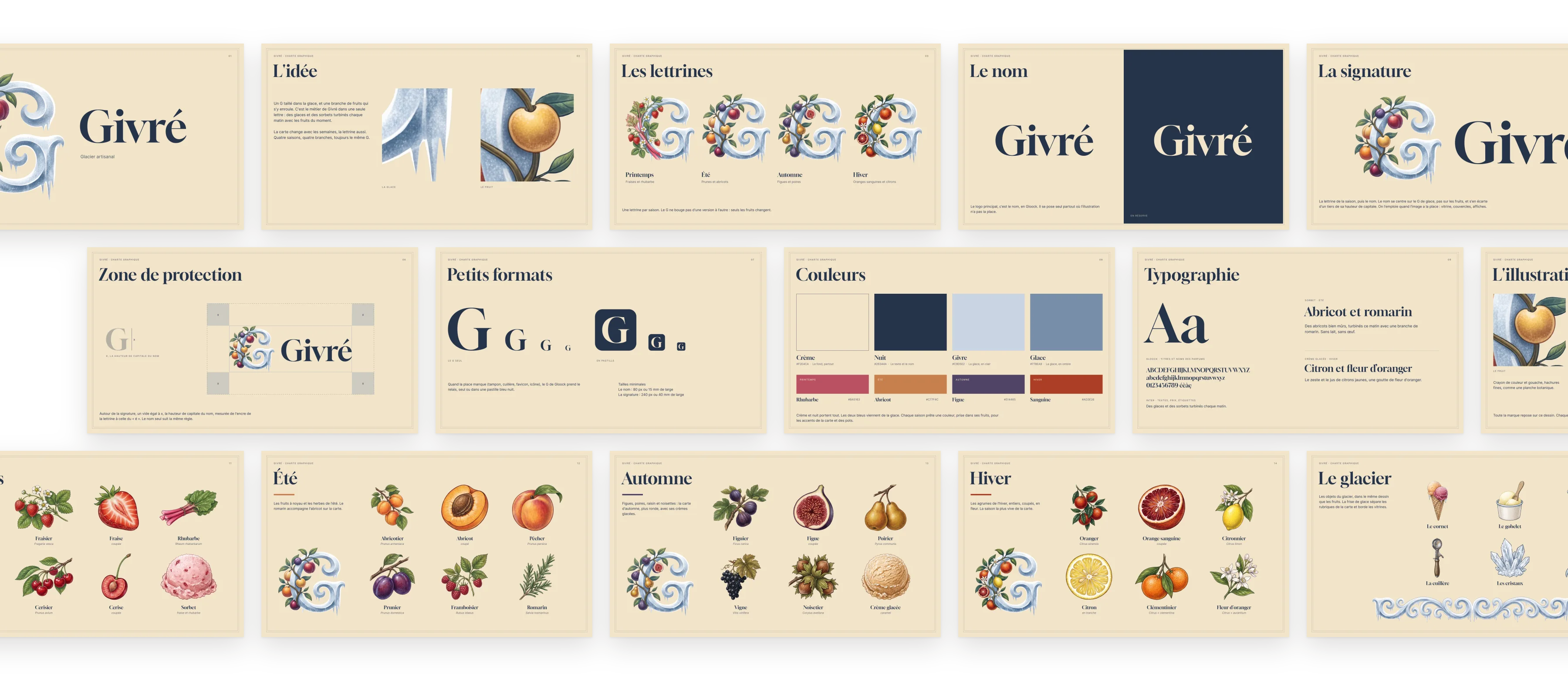 La charte de Givré : couverture, idée, lettrines, nom, signature, zone de protection, petits formats, couleurs, typographie, illustration, les quatre saisons et le glacier.