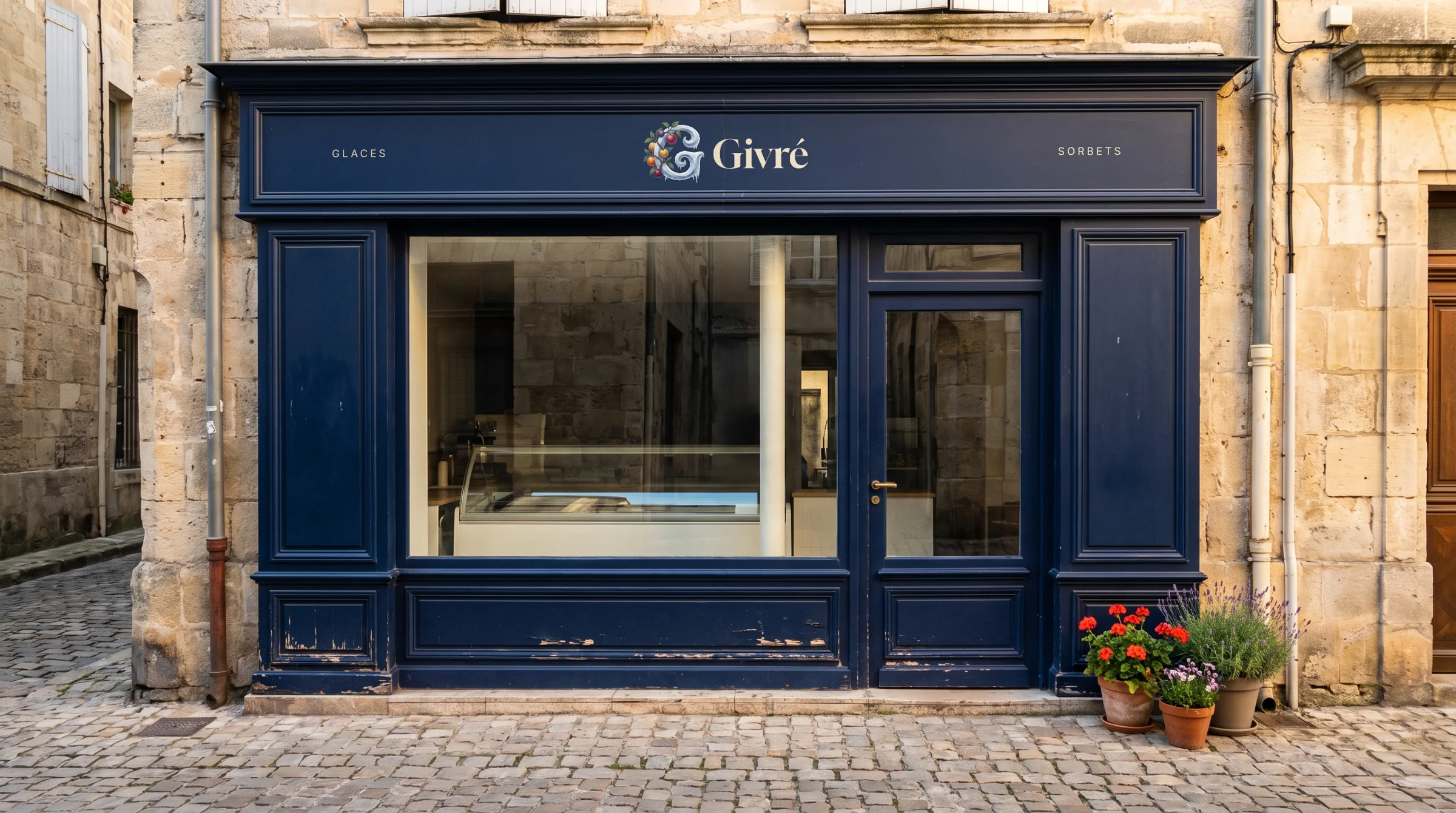 L'enseigne, peinte sur le bandeau de la boutique.