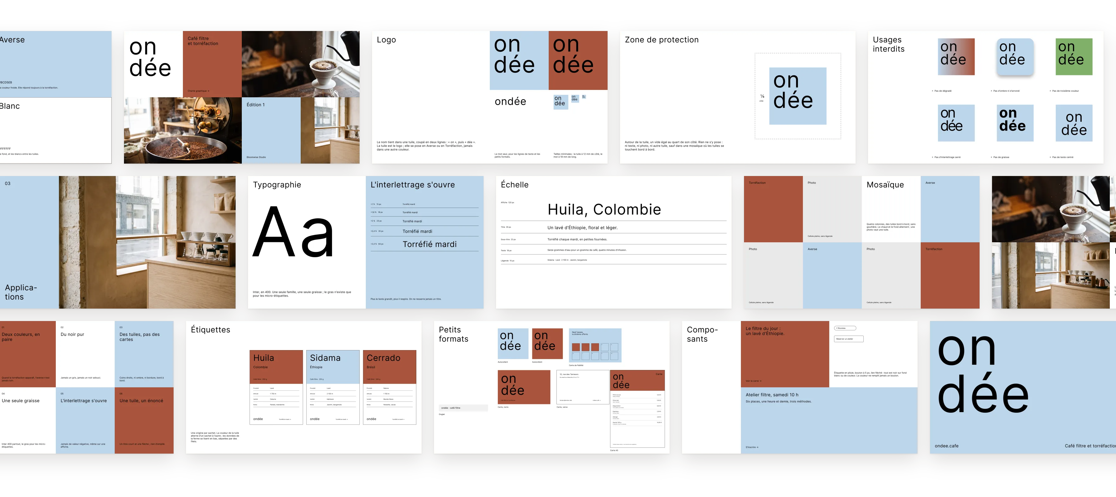 The Ondée guidelines: logo, clear space, misuse, colours, typography, scale, mosaic, photography, labels, small formats, components and rules.