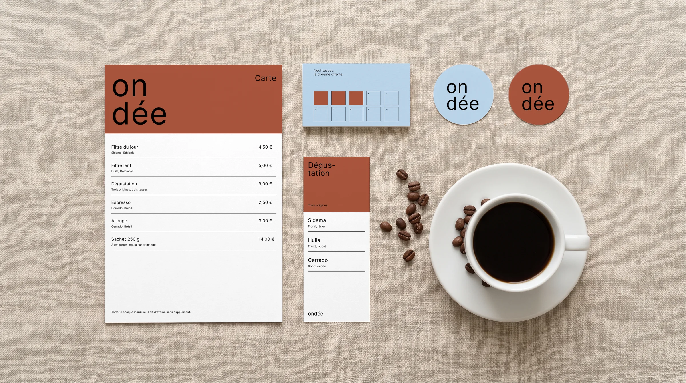 The menu, the loyalty card, the tasting card and the stickers.