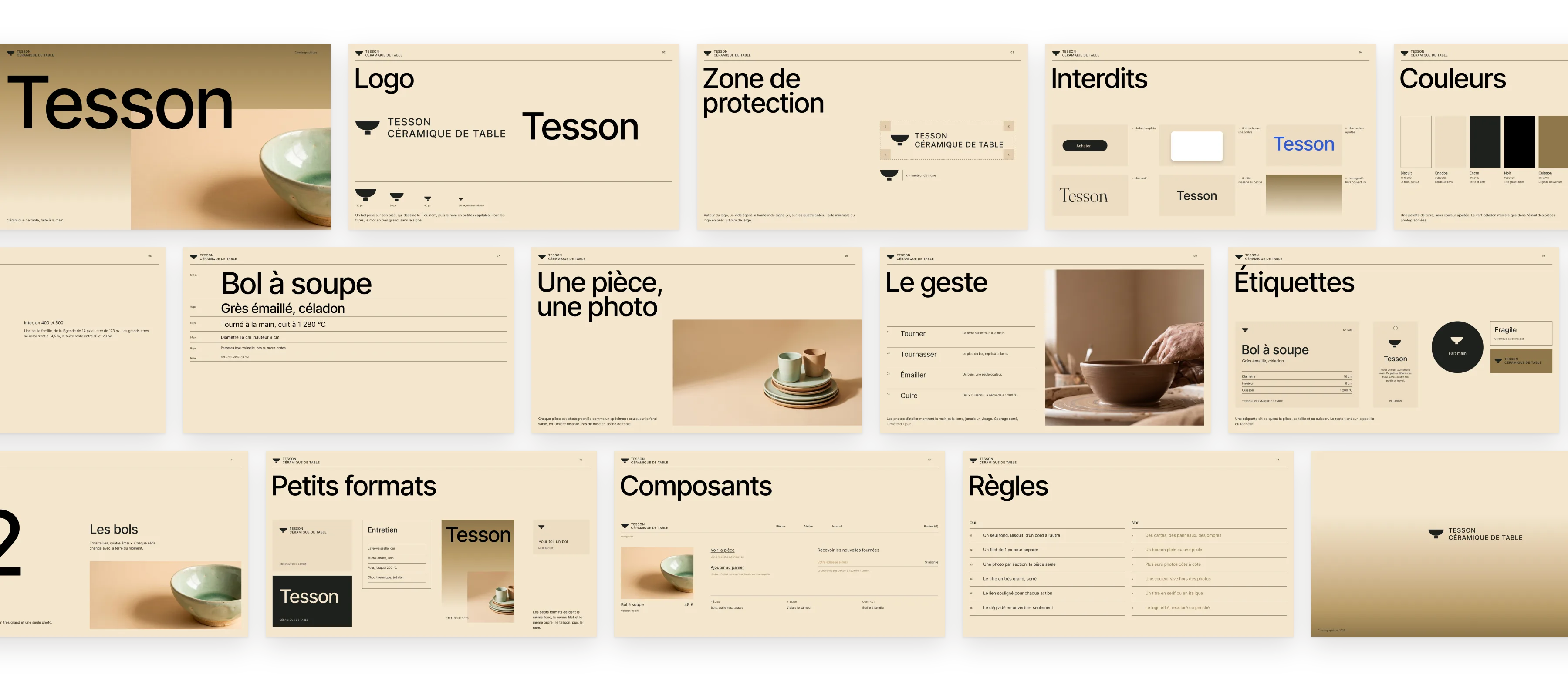 The Tesson guidelines: logo, clear space, misuse, colours, typography, scale, photography, workshop, labels, divider, small formats, components and rules.