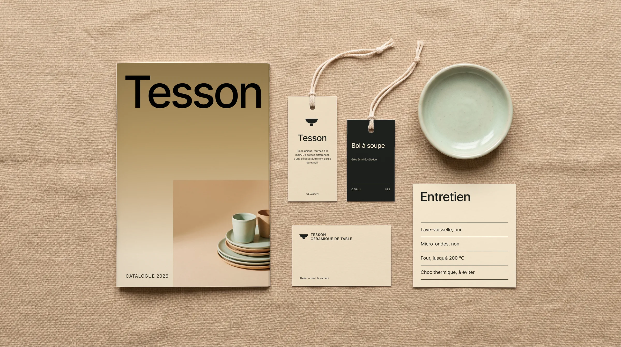 Catalogue, hang tags, business card and care card.